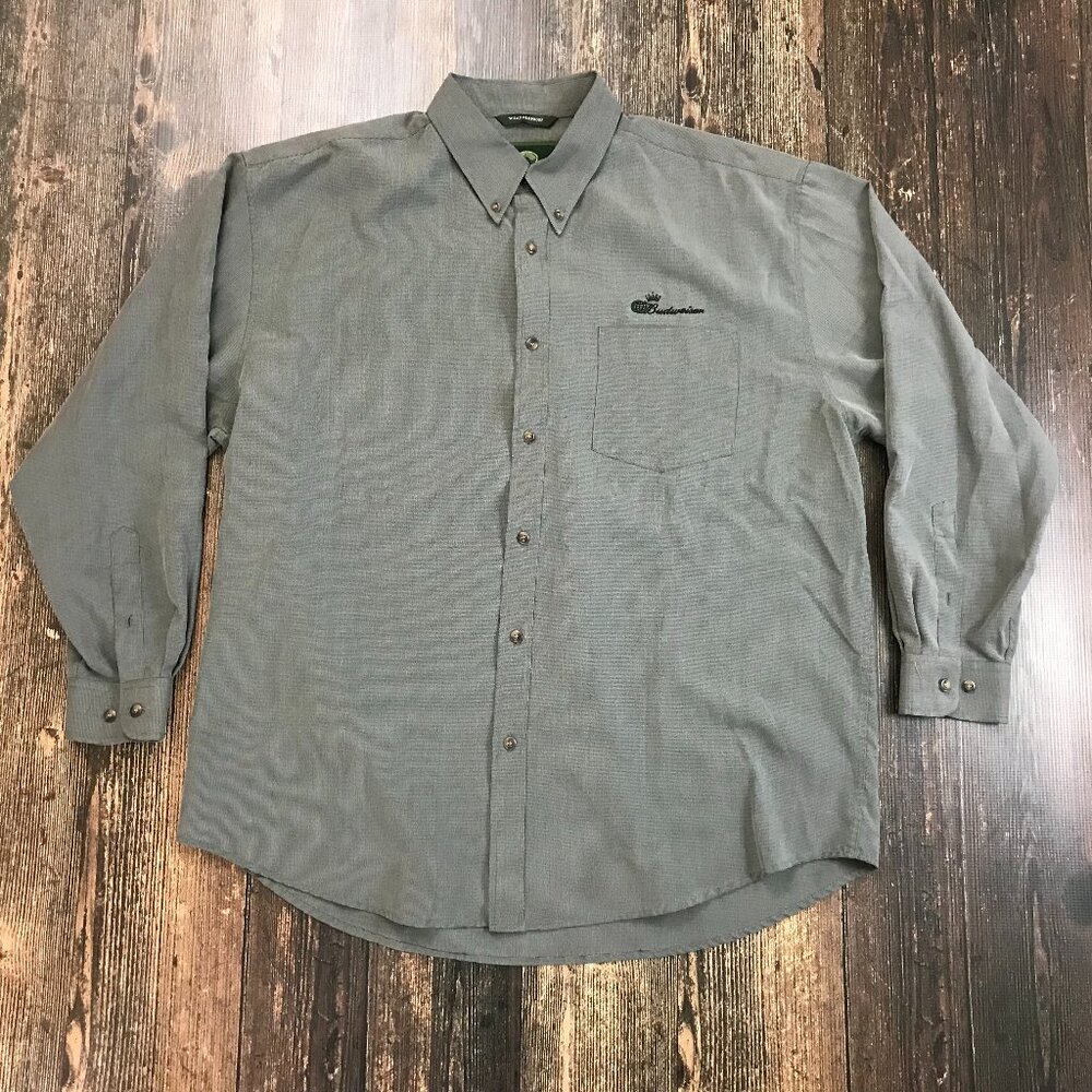 BUDWEISER Beer Button Front Shirt XL Houndstooth Weatherproof Spellout Logo Gray